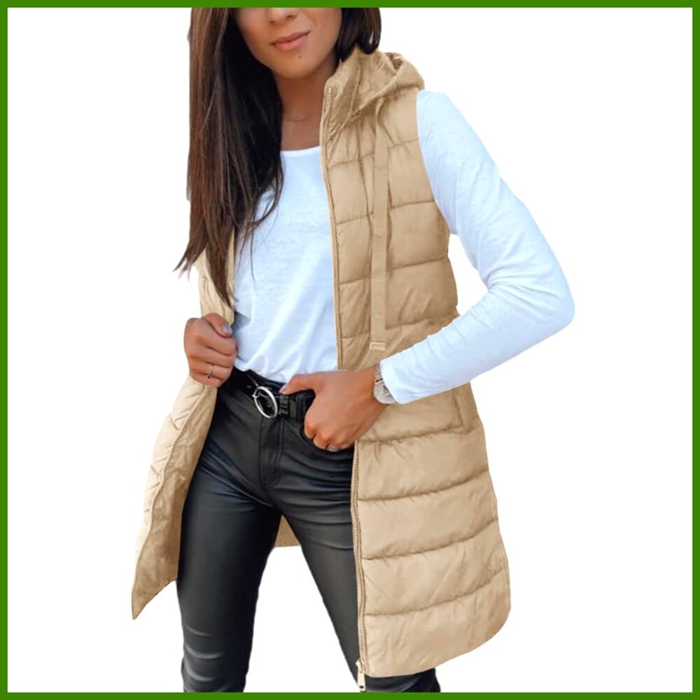Long Sleeveless Hooded Puffer Vest, 100% Polyester, Lightweight Winter Outerwear